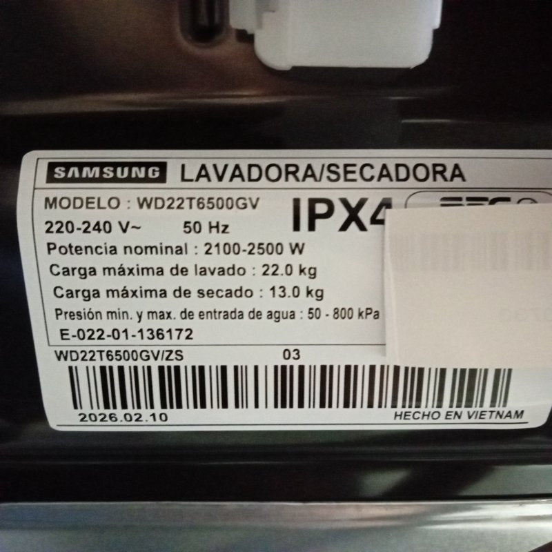 Lavadora Secadora Samsung WD22T6500GV 22/13 kg Negro
