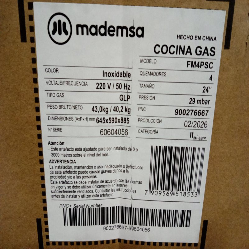 Cocina a Gas 4 Quemadores Mademsa FM4PSC, Inox