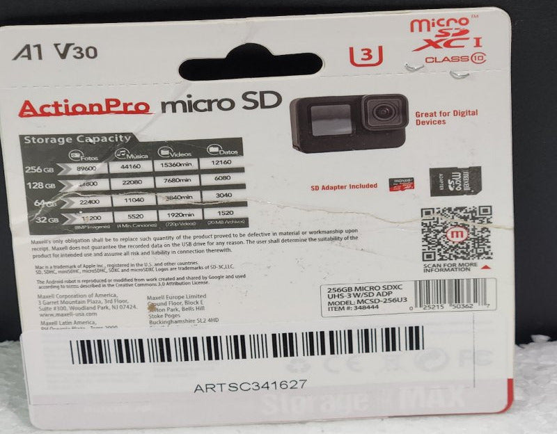 Tarjeta de Memoria Micro SDXC Maxell A1 V30 256GB