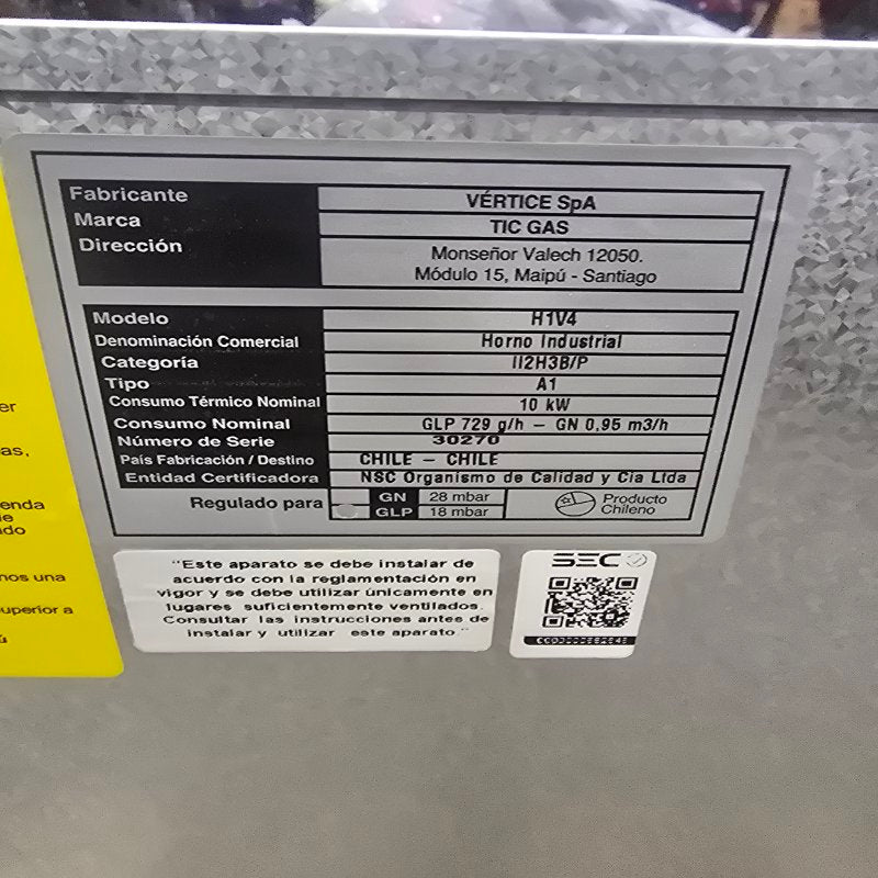 Horno Industrial TicGas H1V4 Inox 10 kW