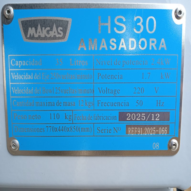 Amasadora Industrial Maigas HS30 12 kg/ 35 Litros, Blanco
