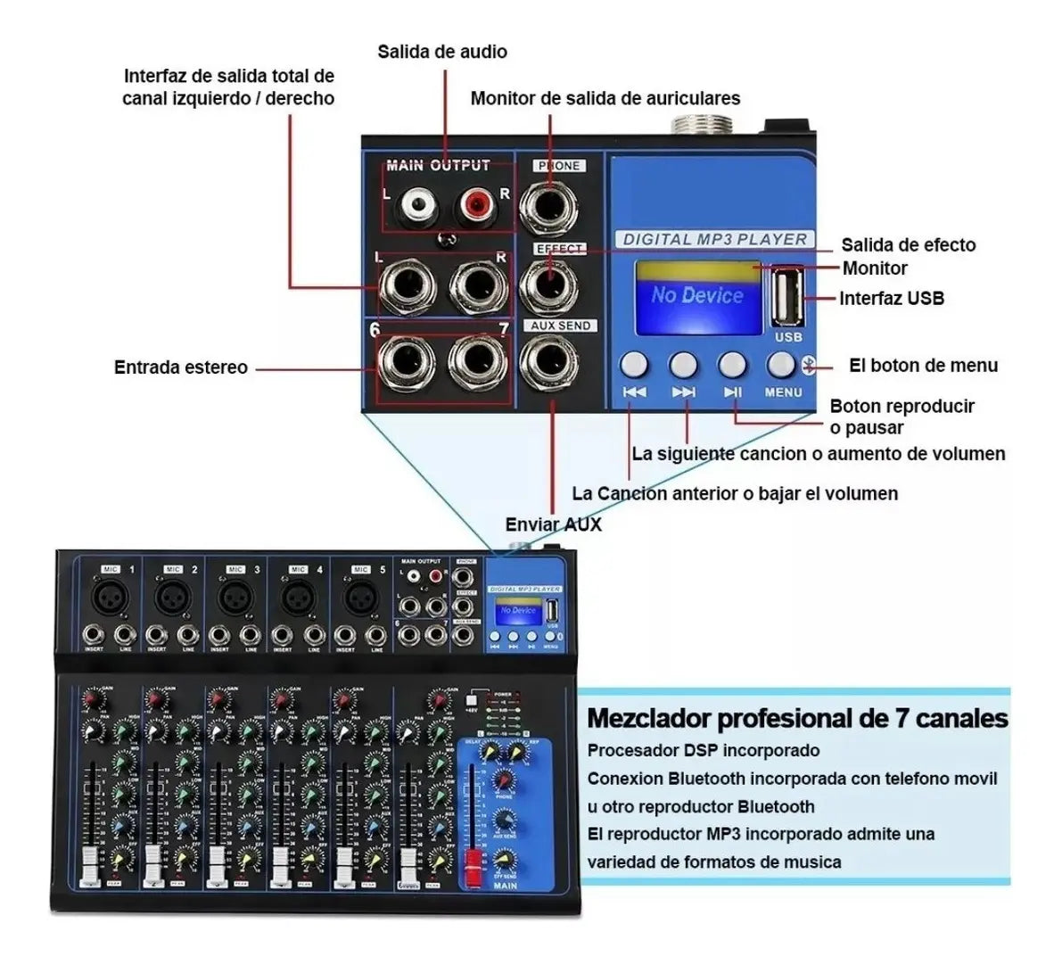 Consola Mezcladora de Audio Portátil 7 Canales