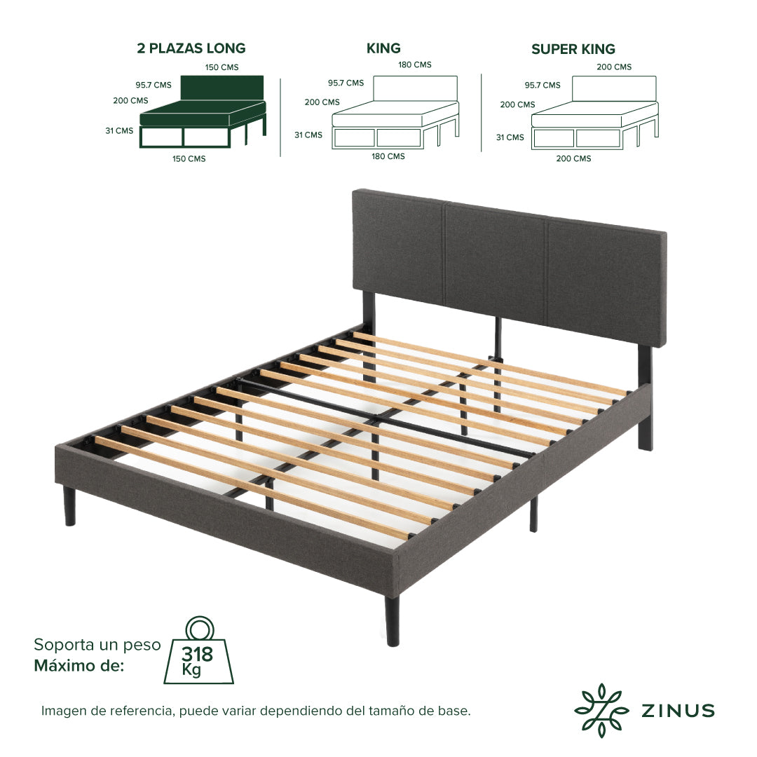 Base Cama Respaldo 2 Plazas Long Zinus Cambril Gris 150x200x31cm