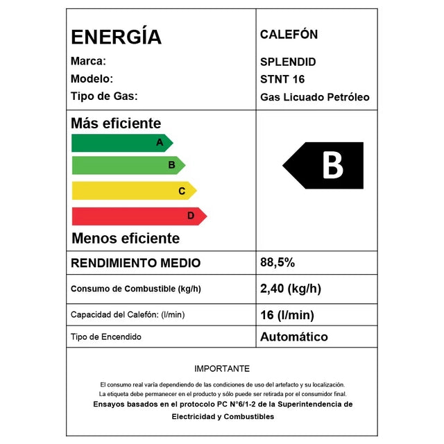 Calefon Digital Splendid STNT 16 Blanco 16 Litros Gas Licuado Tiro Natural