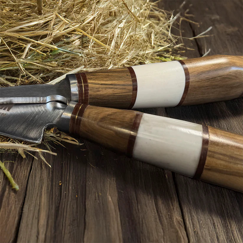 Juego De Cuchillo Y Tenedor Artesanal Inox 420 Patagon Parrillero Artesanal Hueso Madera Hoja 20 Cm