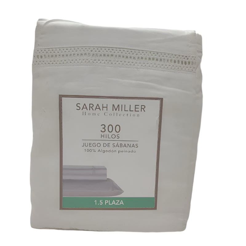 Juego De Sabanas & Funda Almohada Sarah Miller 100% Algodon Peinado Aplicacion Lino D721 300 Hilos Blanco 1.5 Plaza