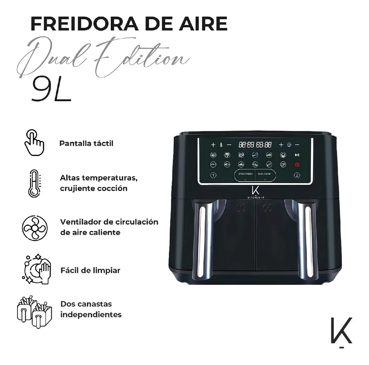 Freidora de Aire Kitchen IT Dual Doble Canasta Independiente 9 Litros