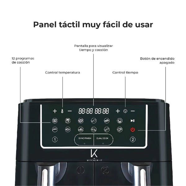 Freidora de Aire Kitchen IT Dual Doble Canasta Independiente 9 Litros