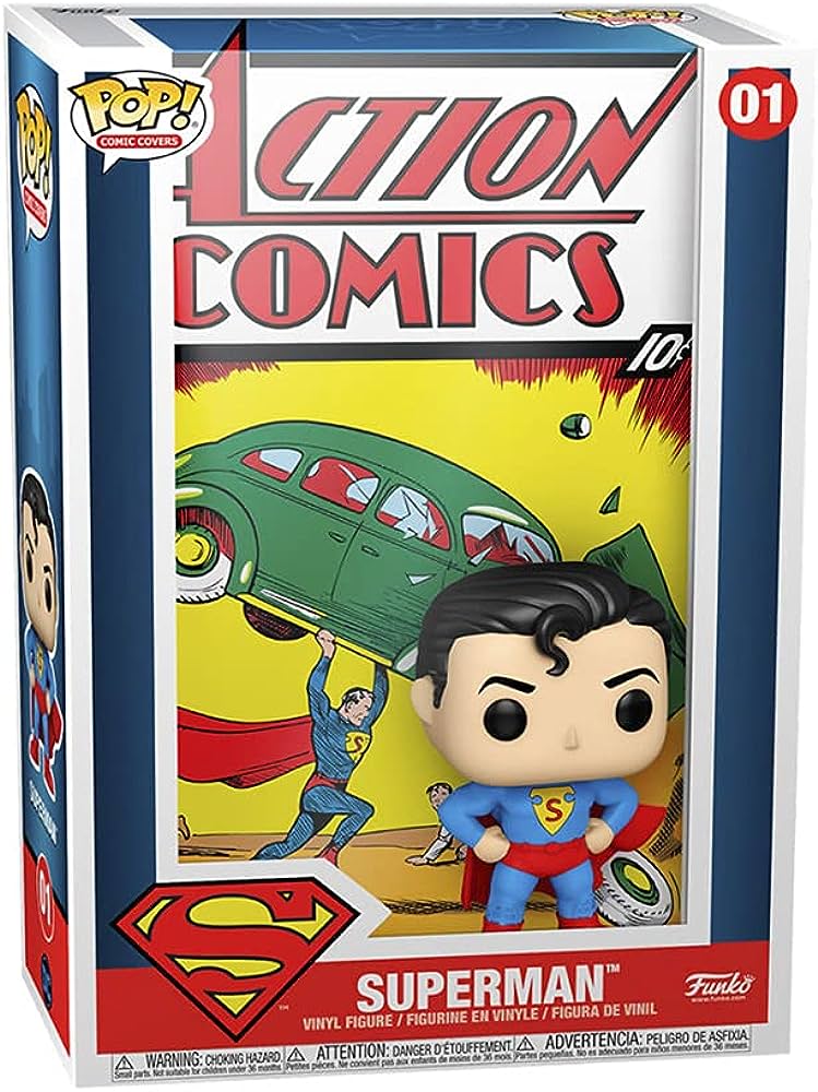 Funko pop de superman en la portada del mítico action comics 1
