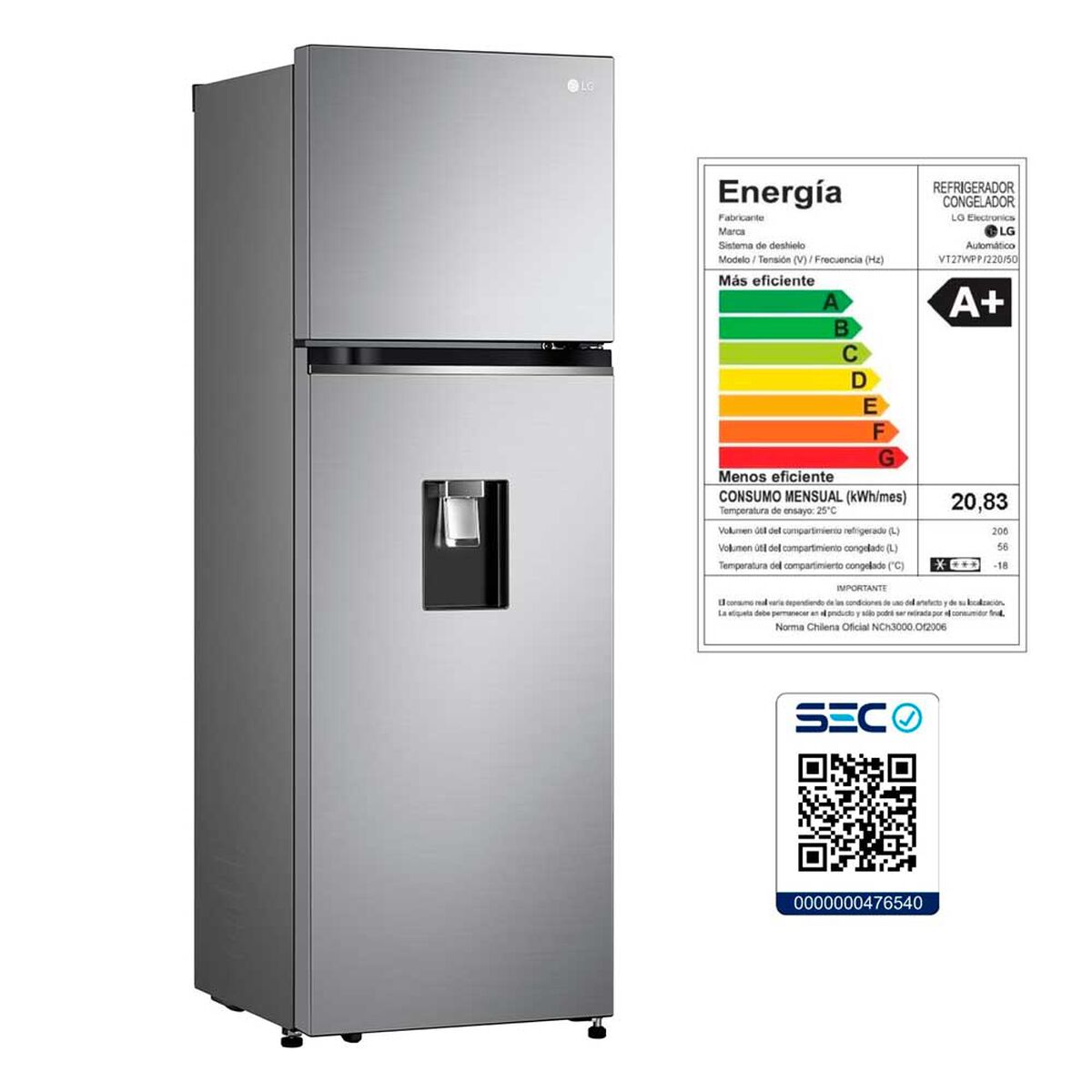 Refrigerador No Frost Top Freezer LG VT27WPP 262Lts [Producto Openbox] [Nwr]
