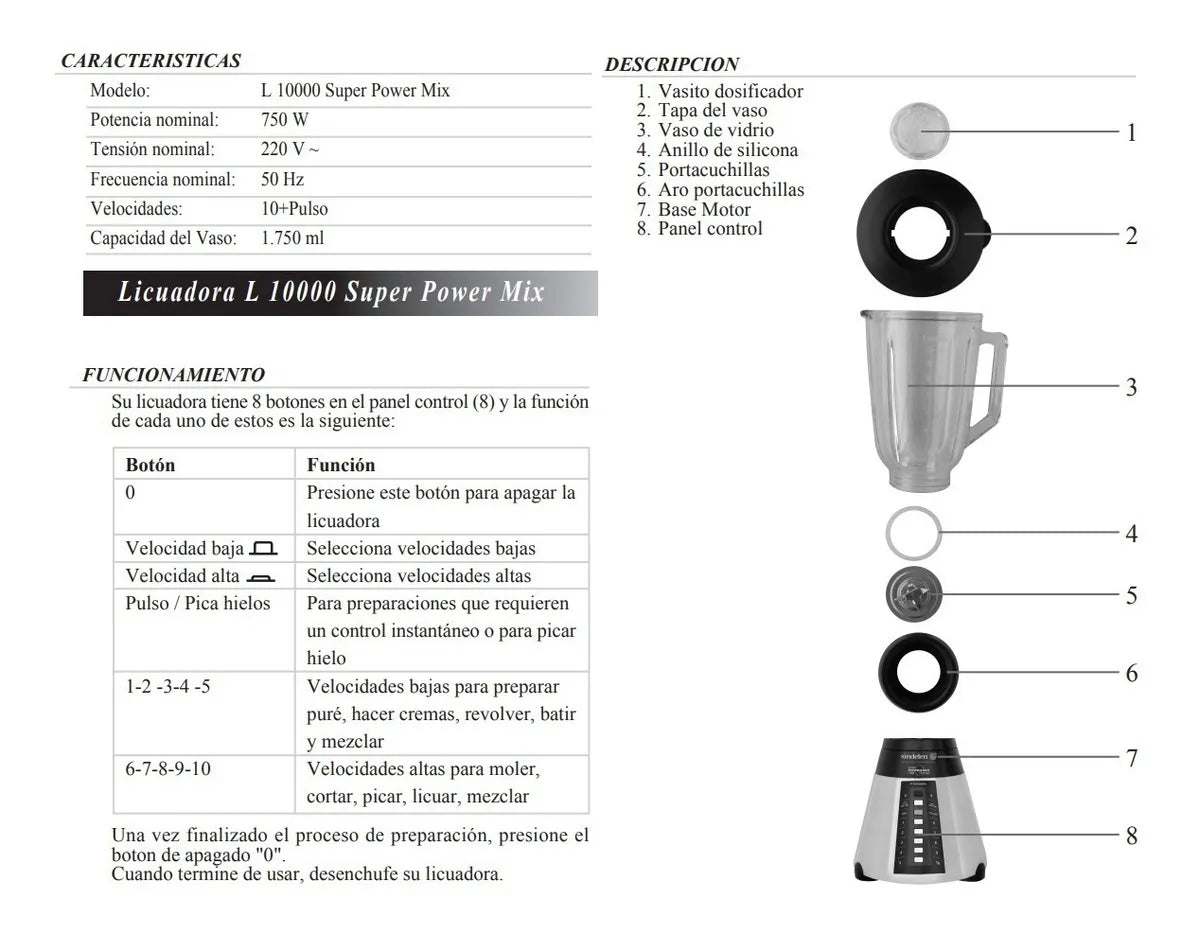 Licuadora Sindelen Li-I0000 Super Pawer Mix Inox