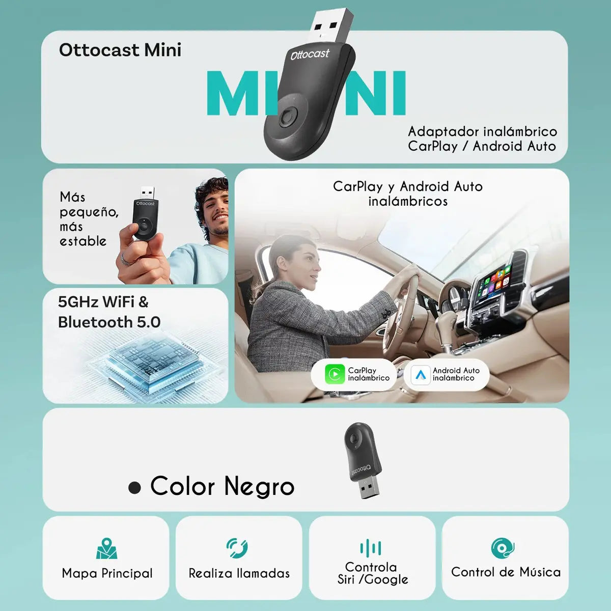 Adaptador Inalámbrico Ottocast 2 en 1 USB CarPlay Android Auto WiFi