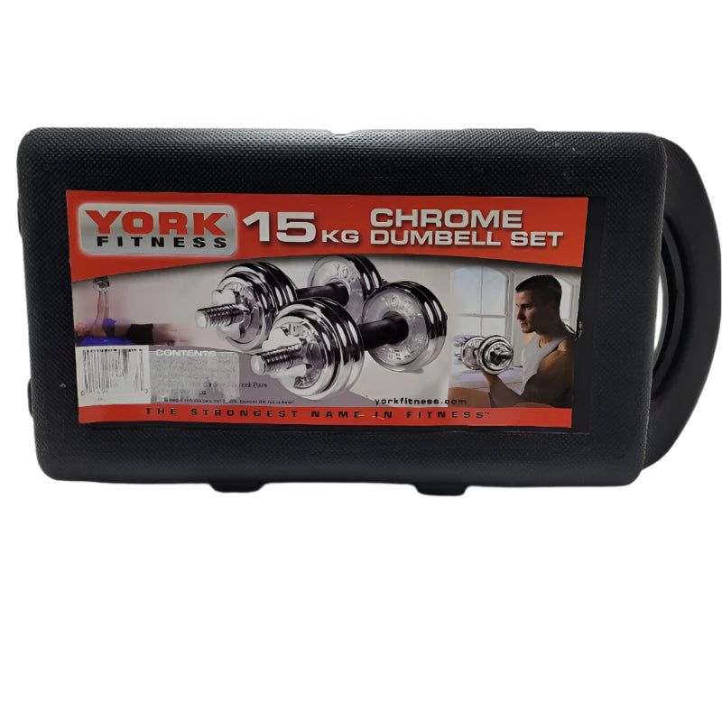 Set De Mancuernas Y Barras York Fitness Maletin 15kg Negro
