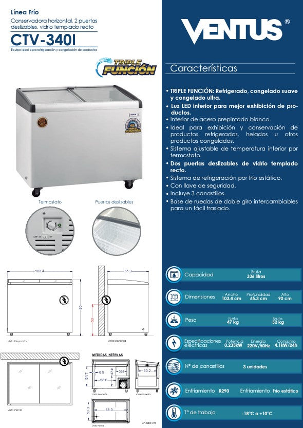 Conservadora Tapa De Vidrio Inclinado Ventus Ctv-340I Blanco 340 Lts