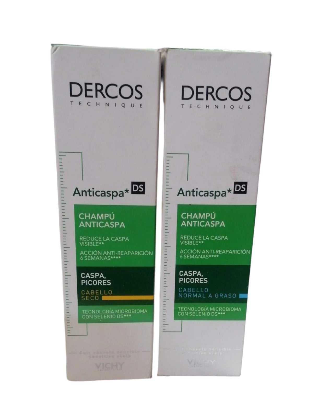 Pack de dos Shampoo Anticaspa Dercos Caspa Picores Cabello Seco 200 Ml + cabello normal a graso 200 ml