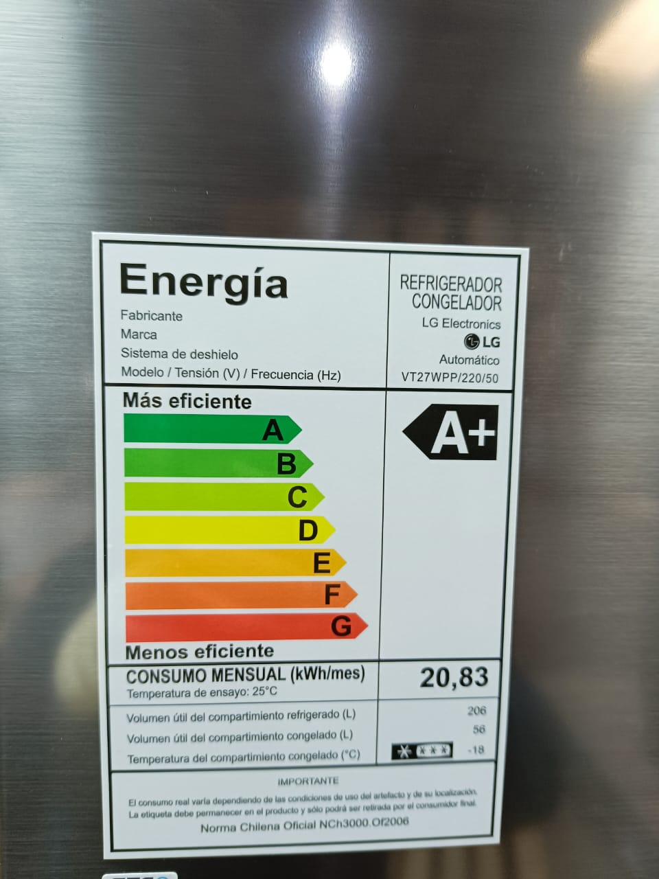 Refrigerador / Congelador Lg Vt27Wpp.Apzpecl Sist. Desh . Automatico Gris 262 Ltrs