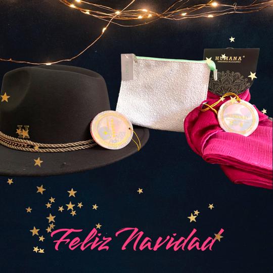 SET REGALO AMIGO SECRETO 5 SOMBRERO NEGRO HUMANA - COSMETIQUERO CLINIQUE - PAÑUELO LISO HUMANA BURDEO FEMENINO