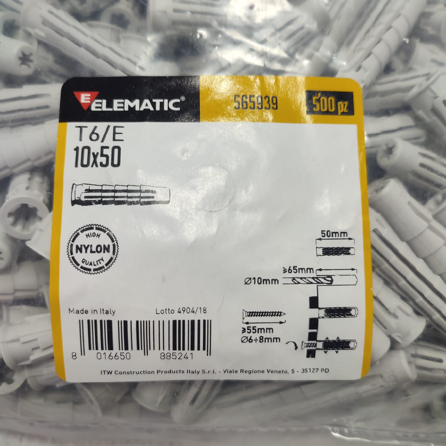 Tarugo De Expansión Nylon Elematic 565939 T6/E 10X50 Gris 500 Unidades