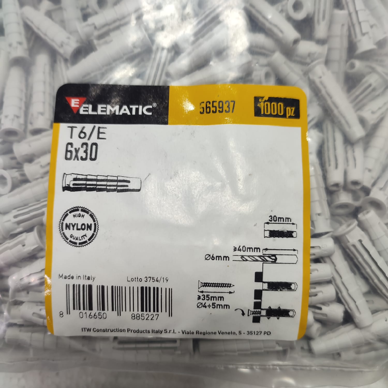 Tarugo De Expansión Nylon Elematic 565937 T6/E 6X30 Gris 1000 Unidades