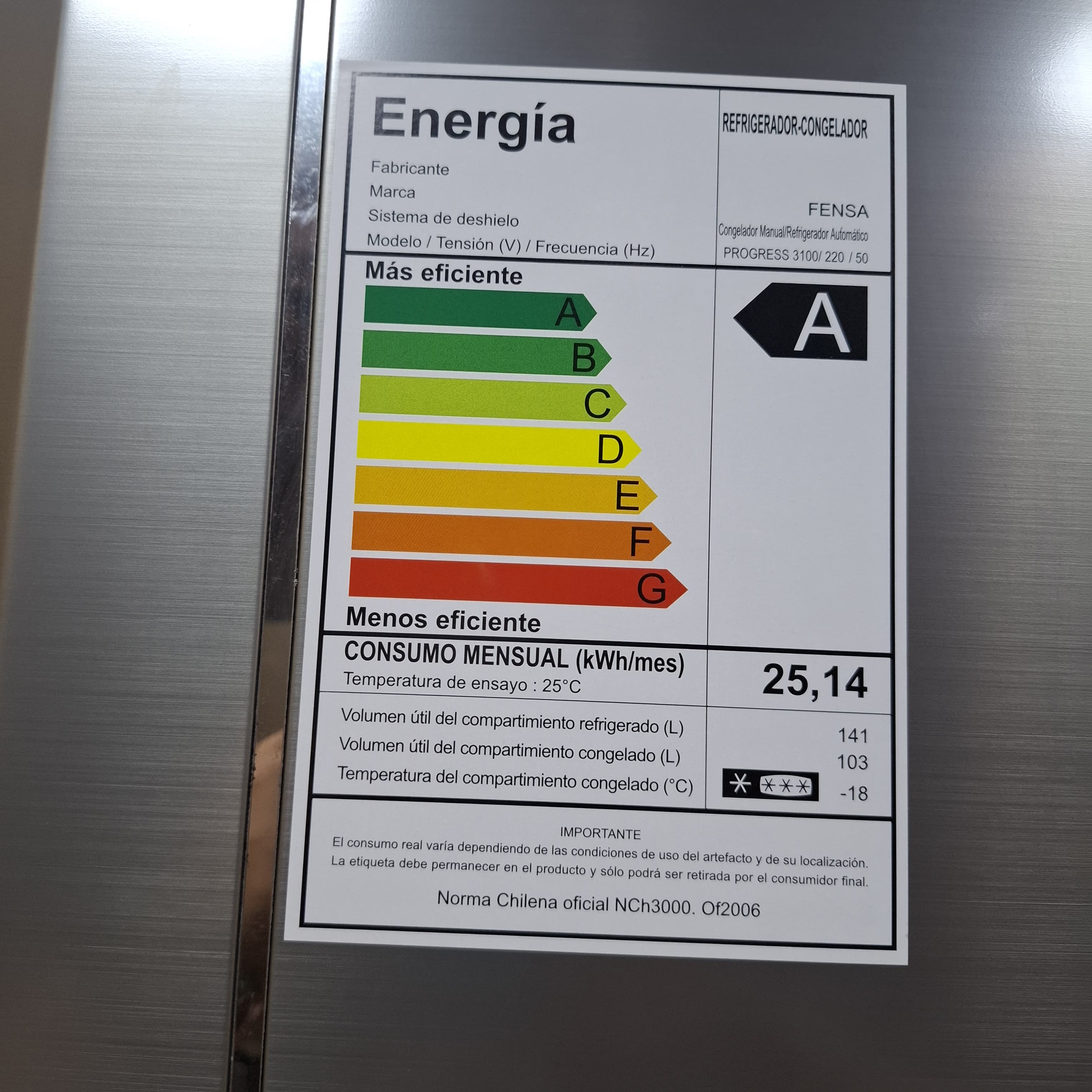 Refrigerador - Congelador Fensa Progress 3100 Inox 244 Lts