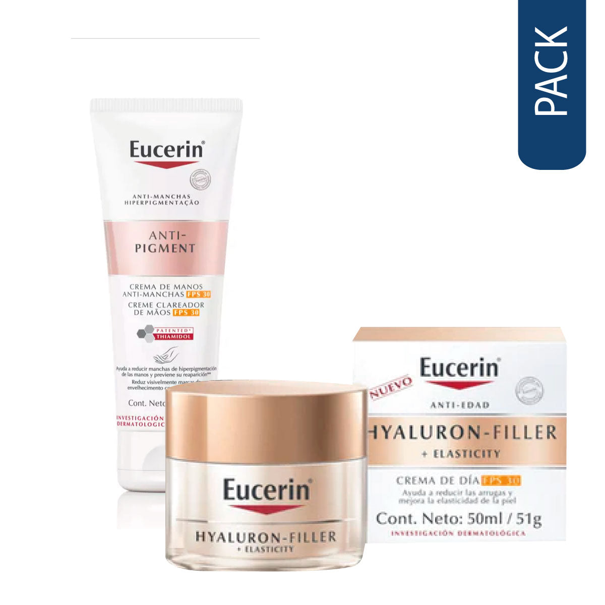 Pack Crema De Dia Con Fps 30  Eucerin Hyaluron-Filler + Elasticity y Crema de Manos Anti-Pigment