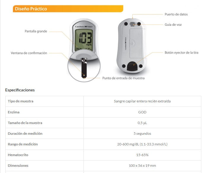 Pack Medidor De Glucosa En Sangre Con Lancetas Caresens Voice