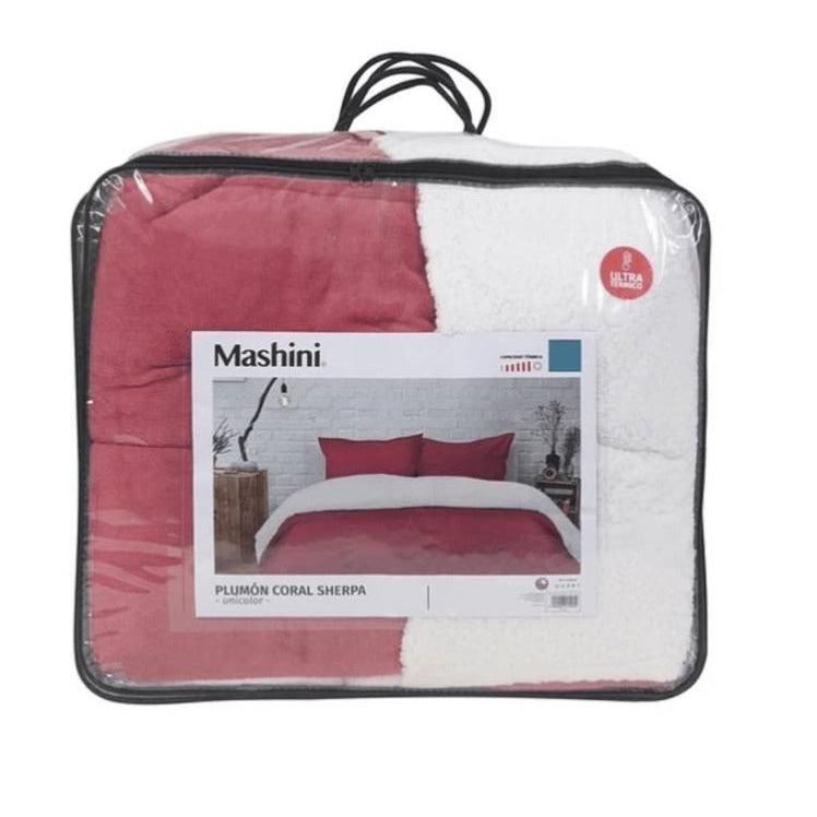 Plumon Sherpa Lisos + Funda De Almohada Mashini Coral 1.5 Plz